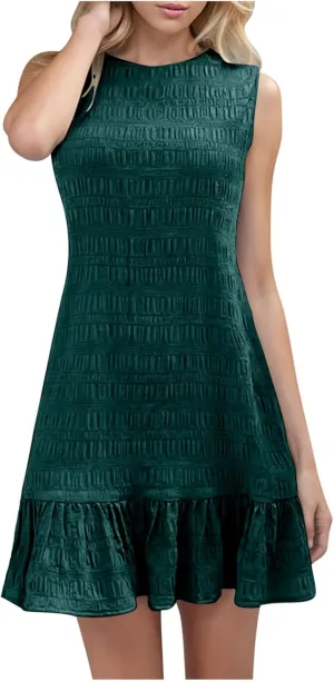 Lmdudan 2025 Summer Dress for Women Ruffle Hem Swing Mini Dress Sleeveless Tank Dresses Round Neck Casual Smock Sundress