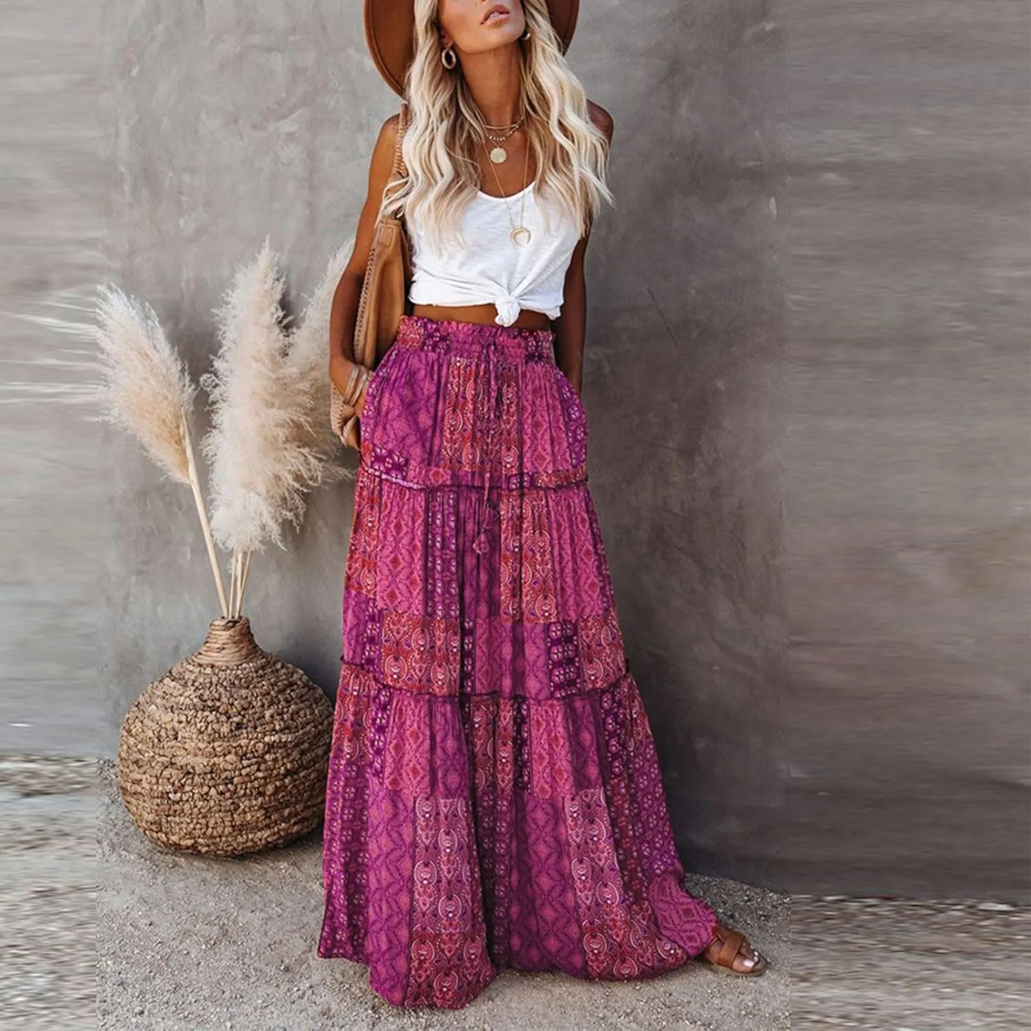 Long Skirts for Women Floral Maxi Skirt with Pockets Beach Flowy Midi Boho Skirt Casual Pleated High Waisted Skirts