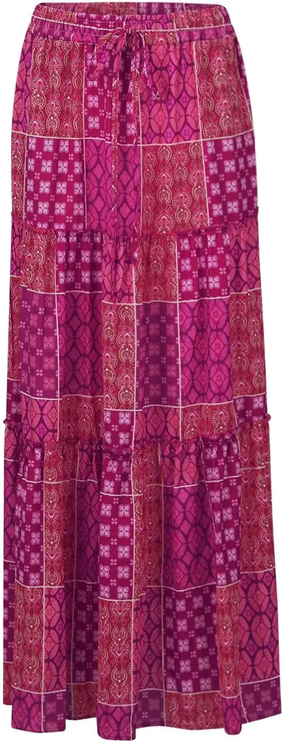 Long Skirts for Women Floral Maxi Skirt with Pockets Beach Flowy Midi Boho Skirt Casual Pleated High Waisted Skirts