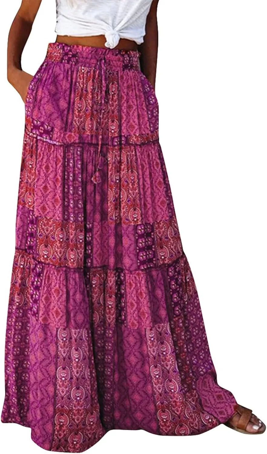 Long Skirts for Women Floral Maxi Skirt with Pockets Beach Flowy Midi Boho Skirt Casual Pleated High Waisted Skirts