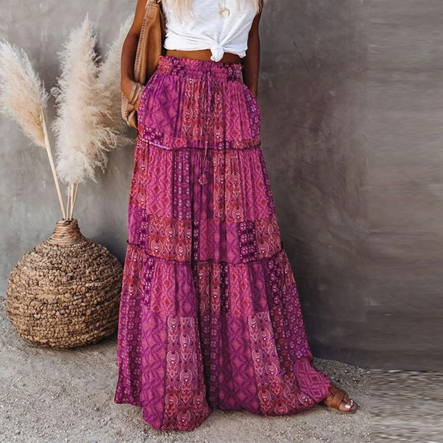 Long Skirts for Women Floral Maxi Skirt with Pockets Beach Flowy Midi Boho Skirt Casual Pleated High Waisted Skirts