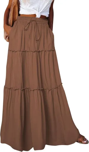 Long Skirts for Women Summer Tiered Flowy Floral Maxi Skirt High Waist Ruffle Beach Vacation Pleated Skirts w/Pockets