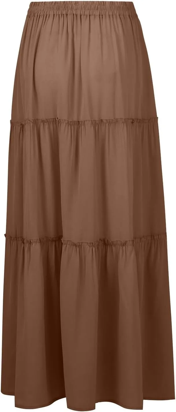 Long Skirts for Women Summer Tiered Flowy Floral Maxi Skirt High Waist Ruffle Beach Vacation Pleated Skirts w/Pockets
