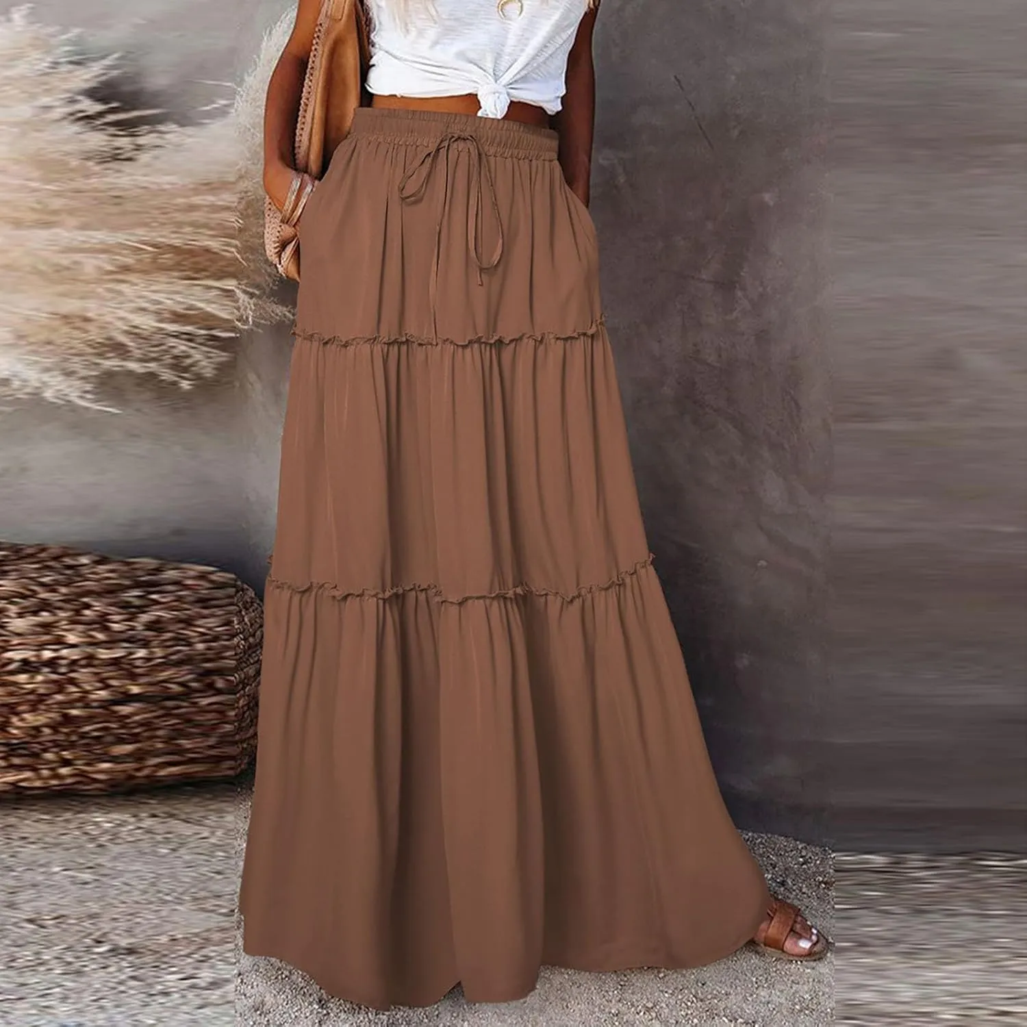 Long Skirts for Women Summer Tiered Flowy Floral Maxi Skirt High Waist Ruffle Beach Vacation Pleated Skirts w/Pockets
