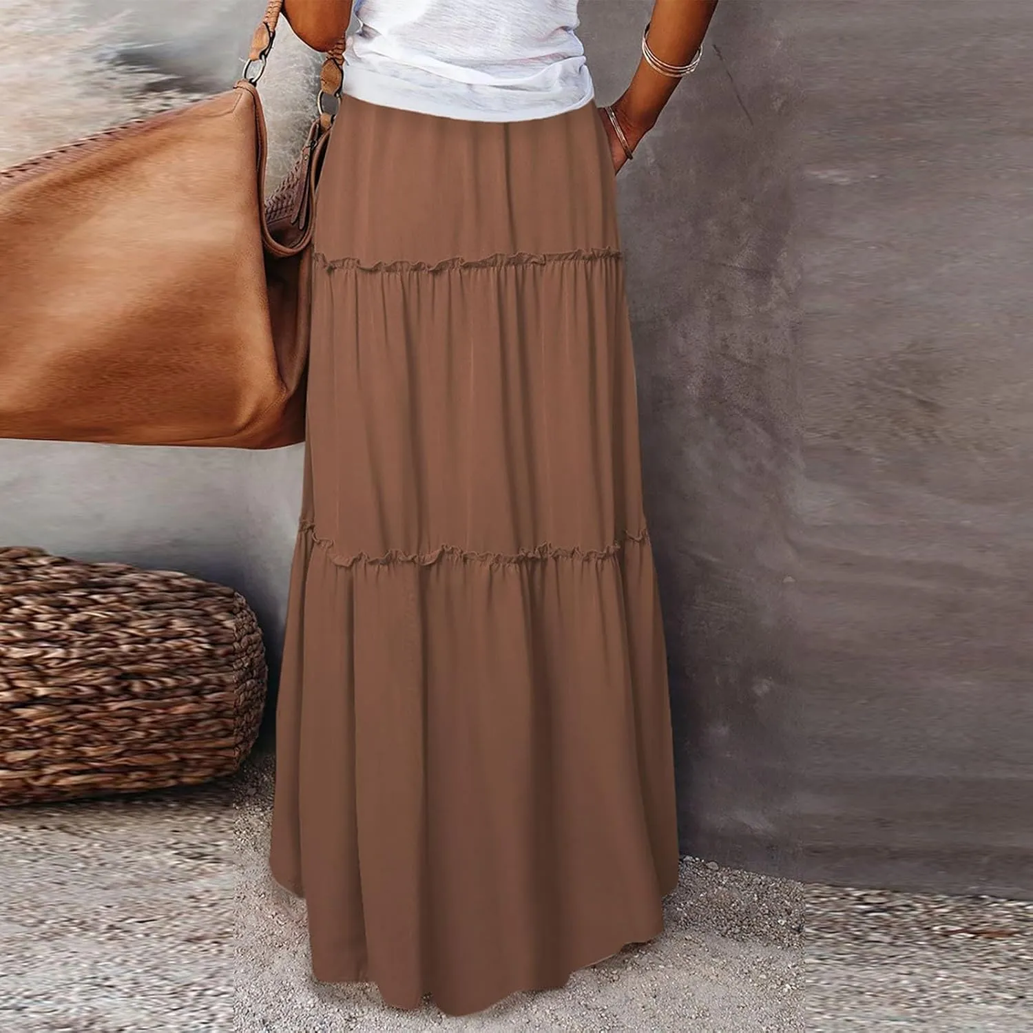 Long Skirts for Women Summer Tiered Flowy Floral Maxi Skirt High Waist Ruffle Beach Vacation Pleated Skirts w/Pockets