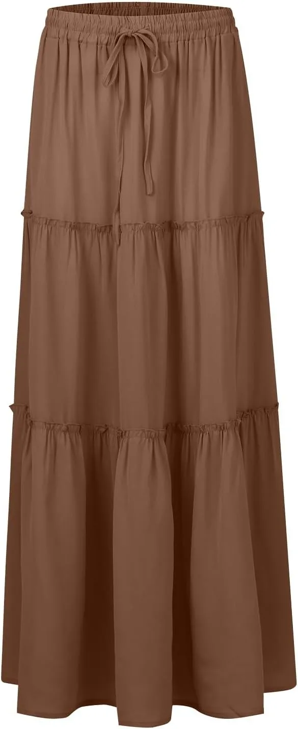 Long Skirts for Women Summer Tiered Flowy Floral Maxi Skirt High Waist Ruffle Beach Vacation Pleated Skirts w/Pockets