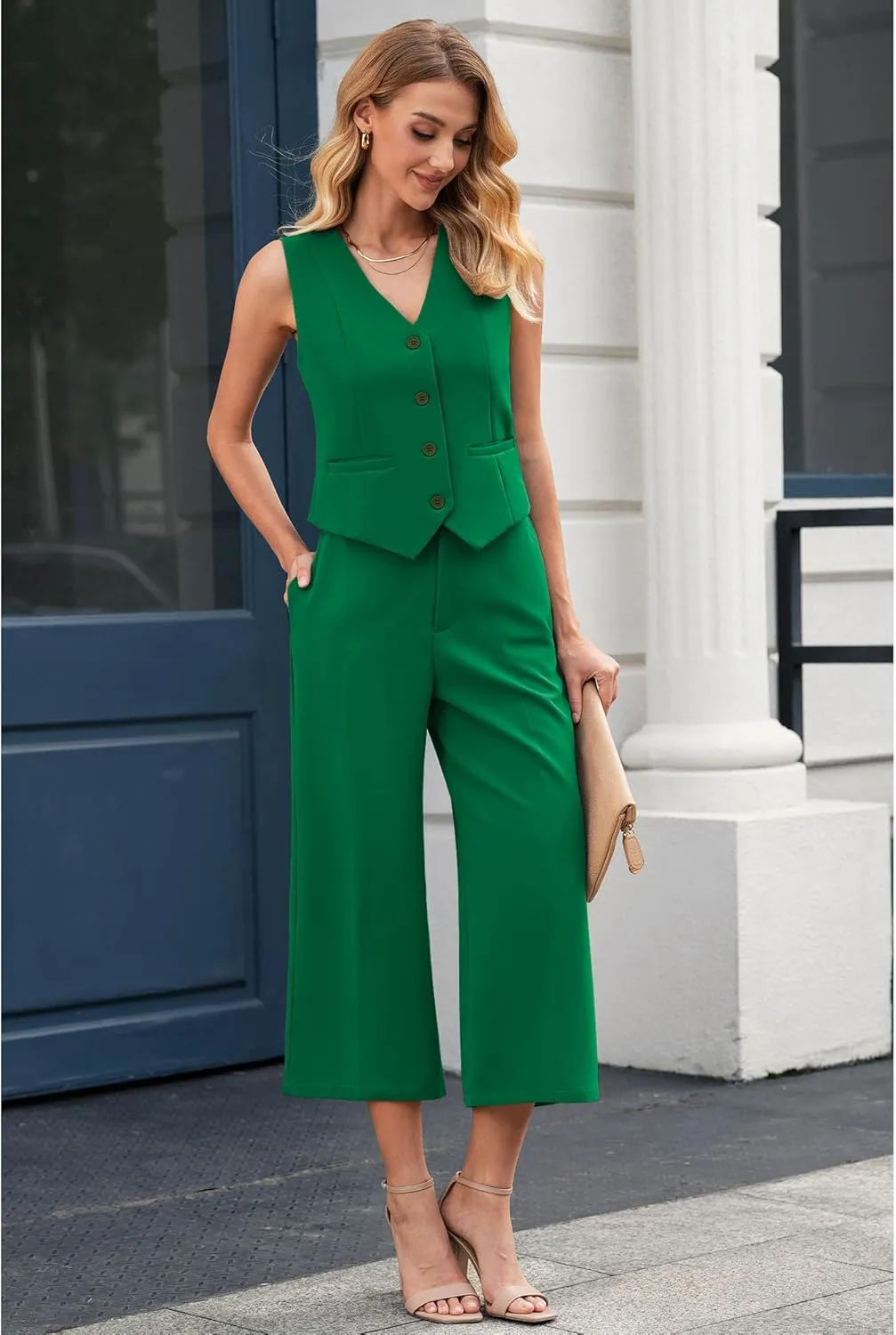 LookbookStore Pant Suits for Women Dressy Two Piece Business Casual Outfits Sleeveless Blazer Summer Vest and Pants Sets