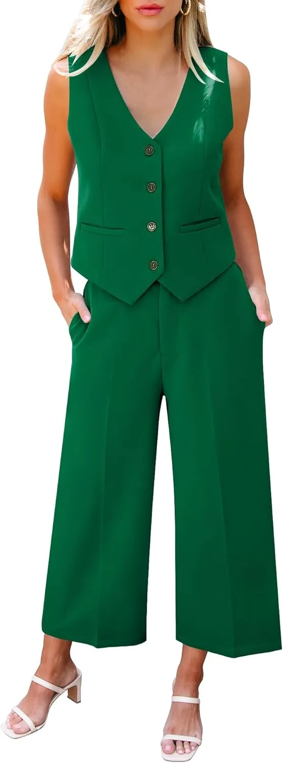 LookbookStore Pant Suits for Women Dressy Two Piece Business Casual Outfits Sleeveless Blazer Summer Vest and Pants Sets