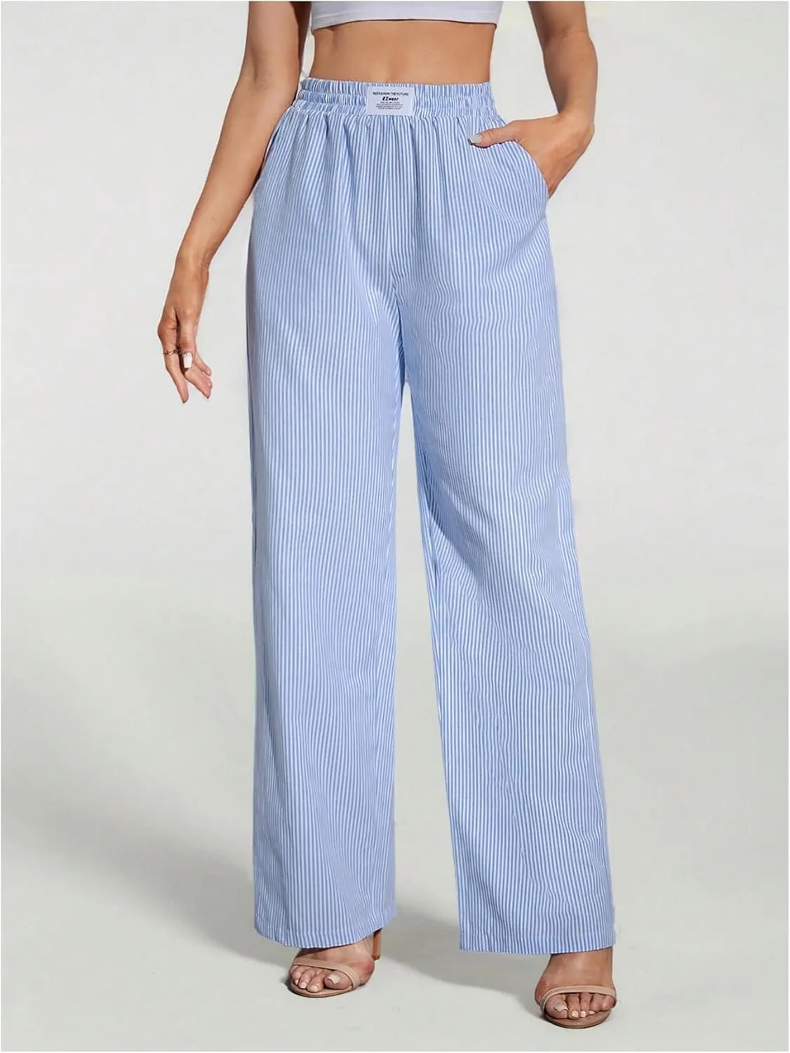 MakeMeChic Women's Striped Print Wide Leg Pants Elastic High Waisted Y2K Trousers with Pocket