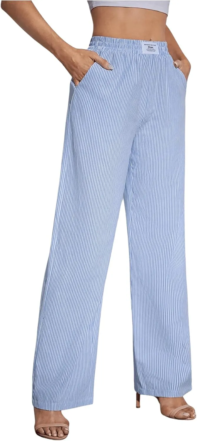 MakeMeChic Women's Striped Print Wide Leg Pants Elastic High Waisted Y2K Trousers with Pocket