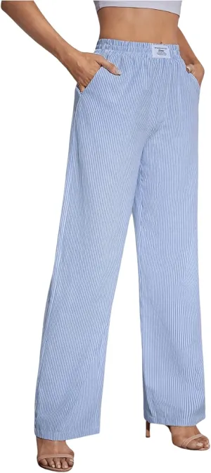 MakeMeChic Women's Striped Print Wide Leg Pants Elastic High Waisted Y2K Trousers with Pocket