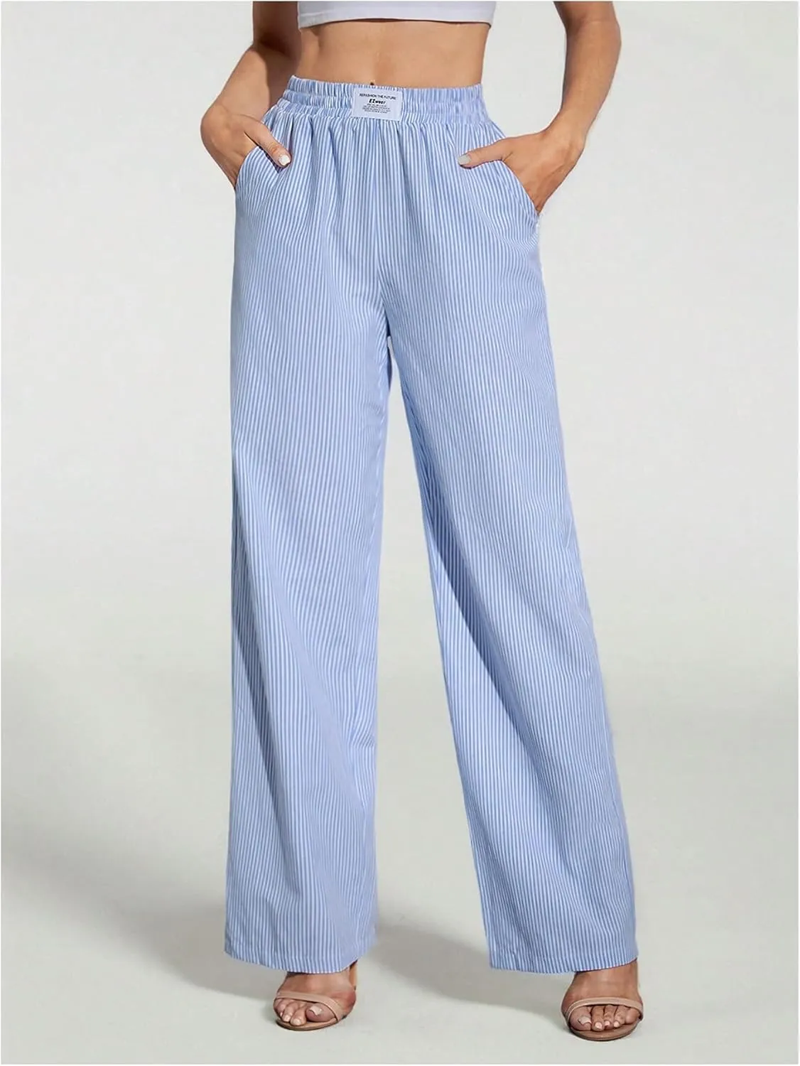 MakeMeChic Women's Striped Print Wide Leg Pants Elastic High Waisted Y2K Trousers with Pocket