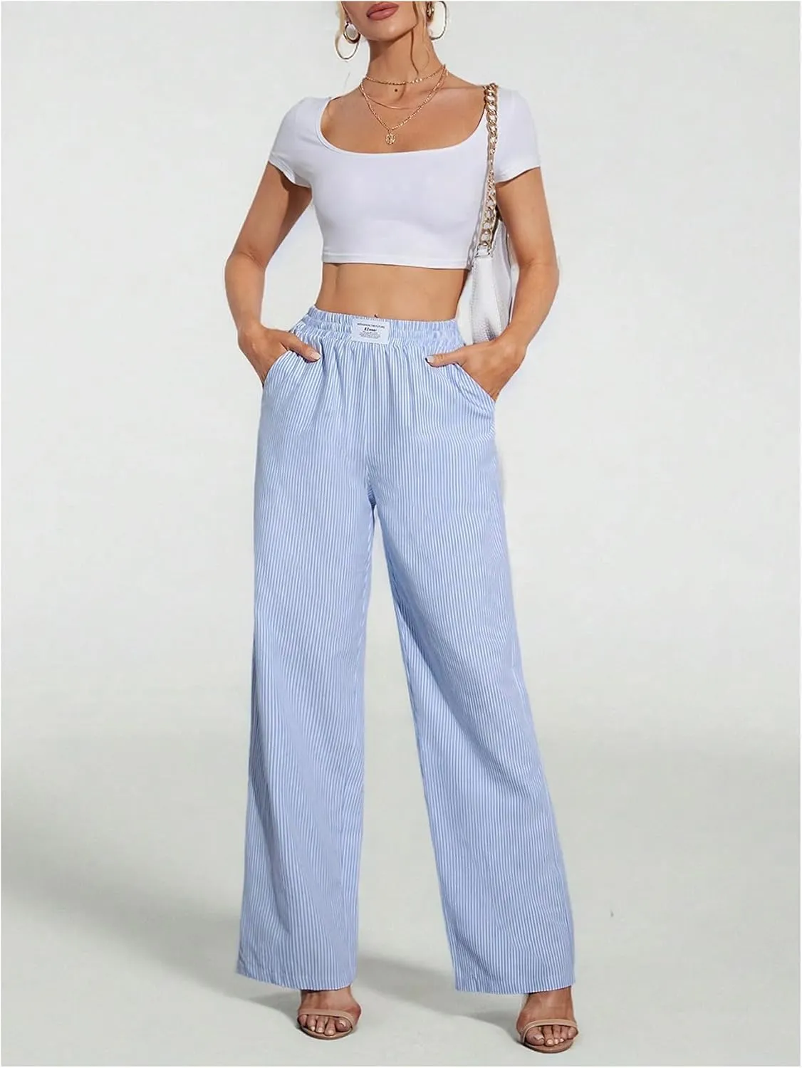 MakeMeChic Women's Striped Print Wide Leg Pants Elastic High Waisted Y2K Trousers with Pocket