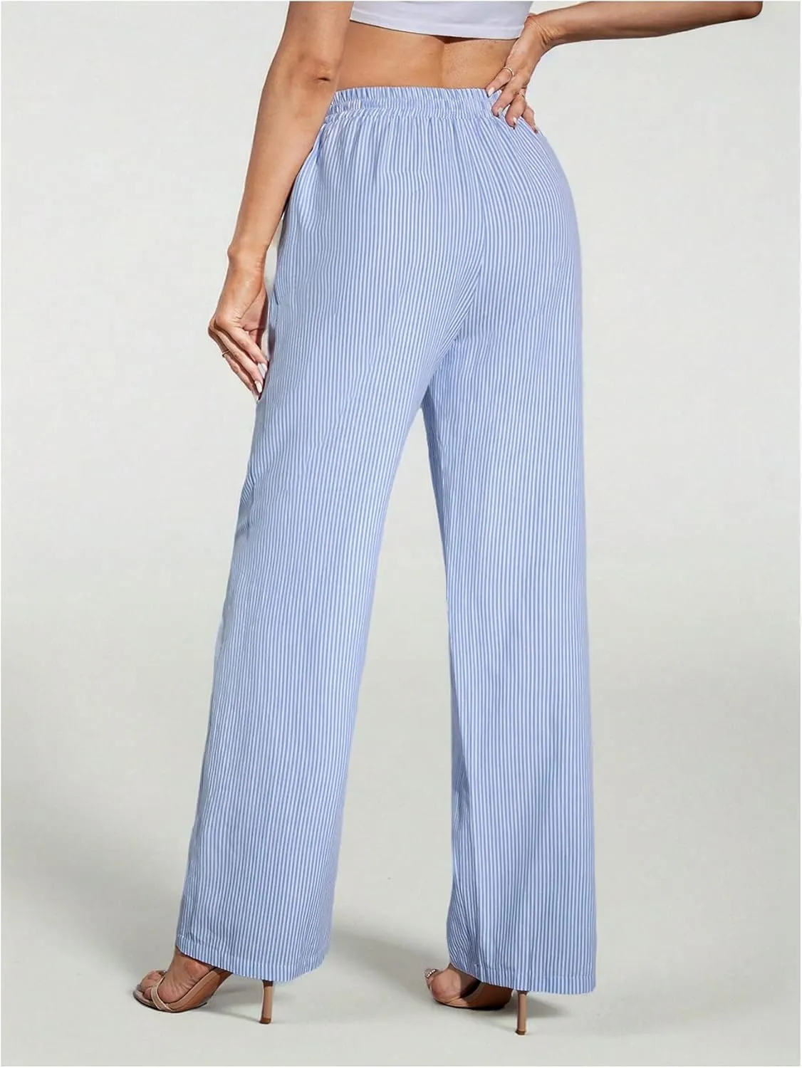MakeMeChic Women's Striped Print Wide Leg Pants Elastic High Waisted Y2K Trousers with Pocket
