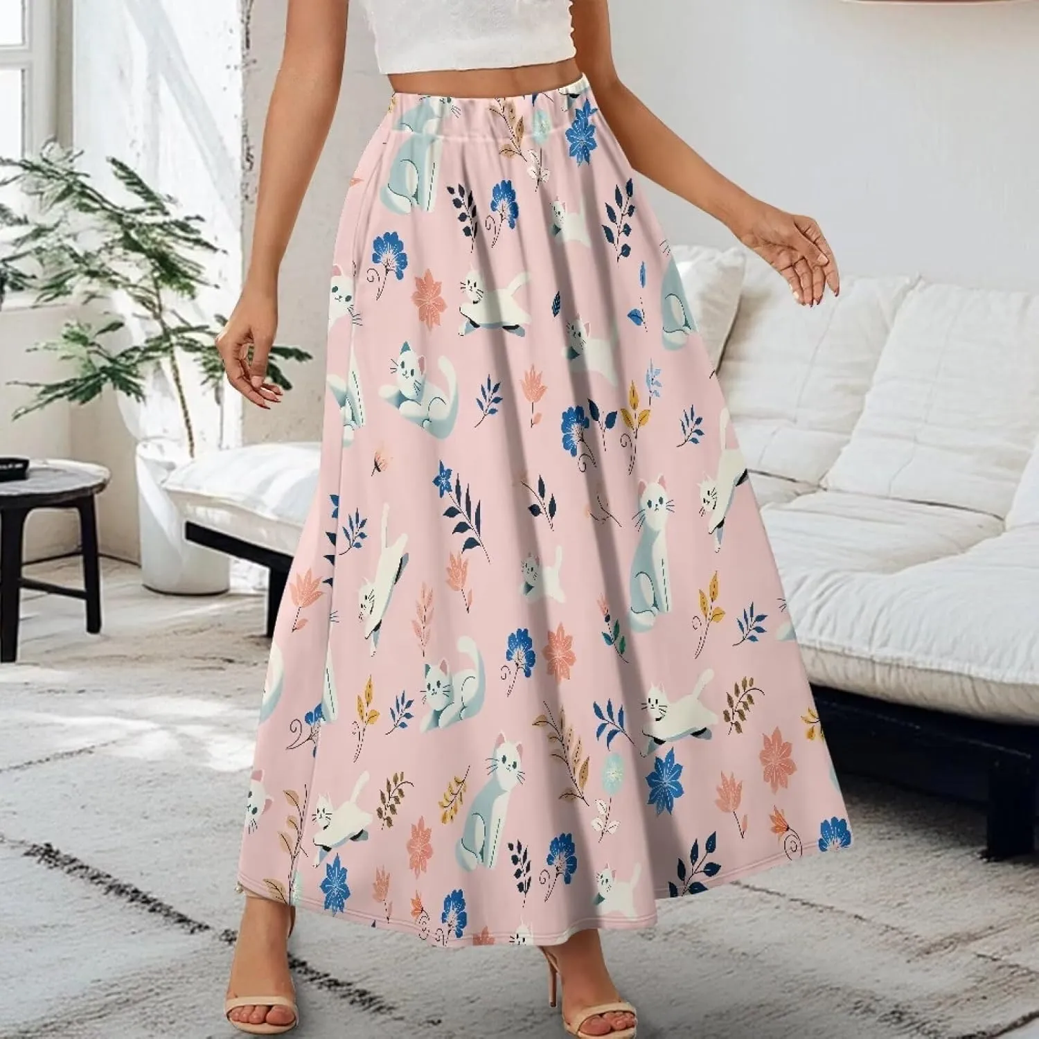 Maxi Skirt for Women Long Elegant High Waisted Cocktail Party Wedding Skirts Flared A-Line Skirts with Pockets