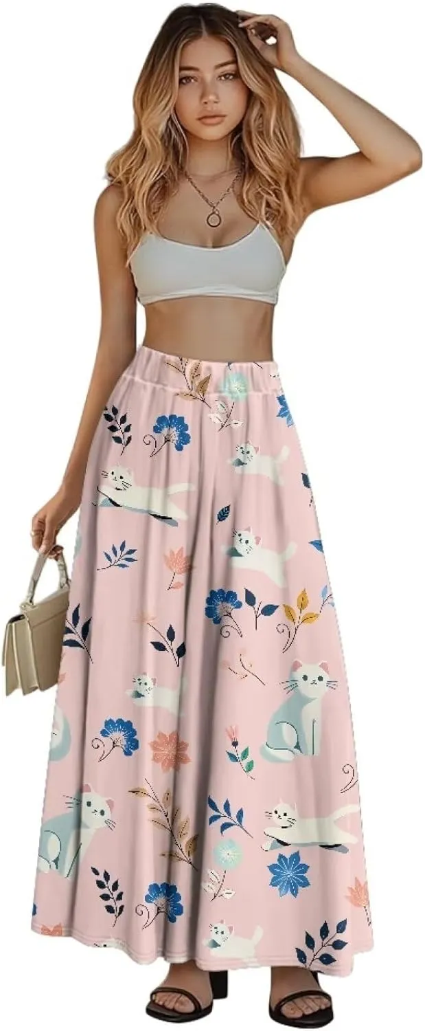 Maxi Skirt for Women Long Elegant High Waisted Cocktail Party Wedding Skirts Flared A-Line Skirts with Pockets