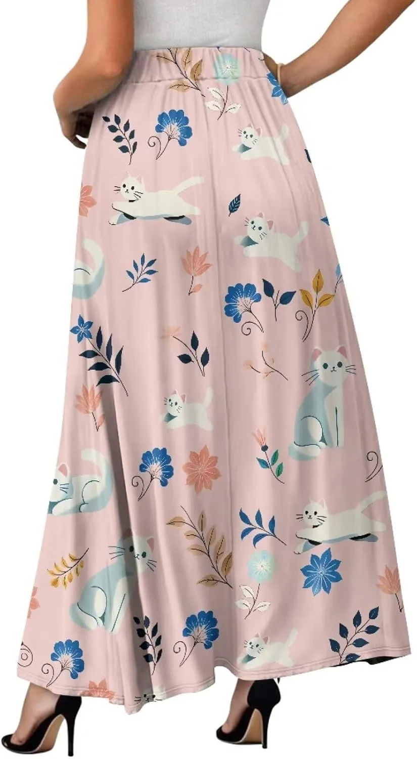 Maxi Skirt for Women Long Elegant High Waisted Cocktail Party Wedding Skirts Flared A-Line Skirts with Pockets