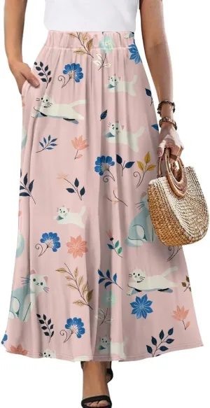 Maxi Skirt for Women Long Elegant High Waisted Cocktail Party Wedding Skirts Flared A-Line Skirts with Pockets