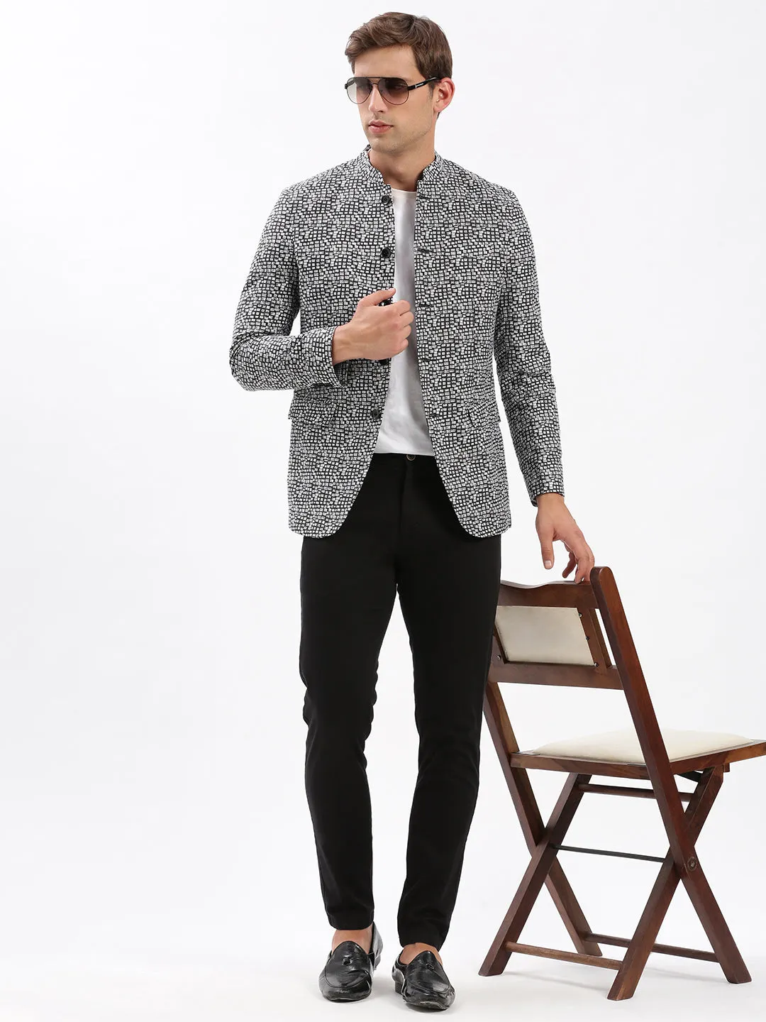 Men Mandarin Collar Printed Black Blazer