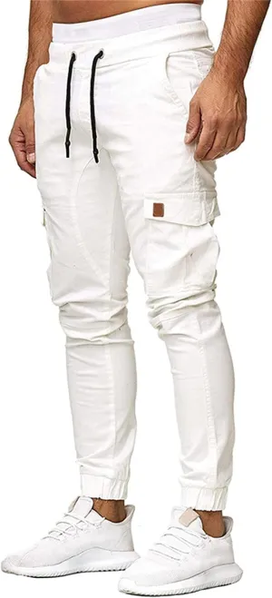 Men Slim Fit Casual Jogger Athletic Long Pant Hip Hop Chino Pocket Trousers Drawstring Outdoor Work Military Tactical Pants (White,Large)