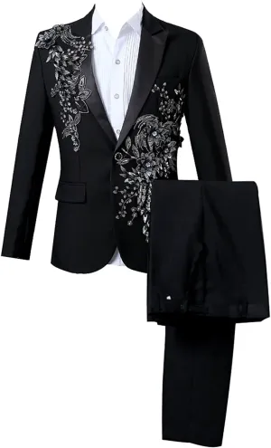 Mens 2 Pieces Luxury Embroidered Suits 1 Button Print Dinner Tuxedo Jacket Pants Prom Wedding Elegant Blazer Dress Suit (Black,Large)