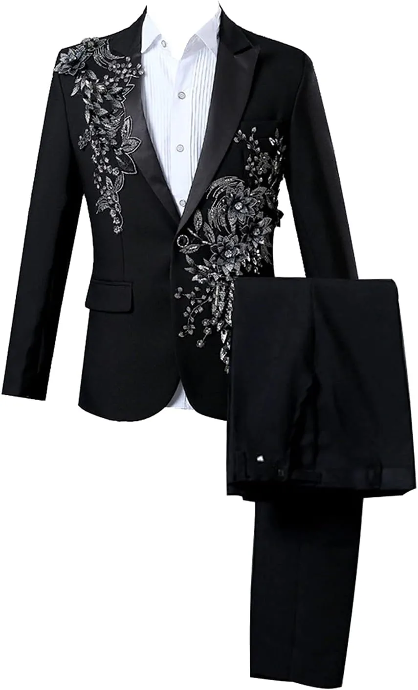 Mens 2 Pieces Luxury Embroidered Suits 1 Button Print Dinner Tuxedo Jacket Pants Prom Wedding Elegant Blazer Dress Suit (Black,Large)