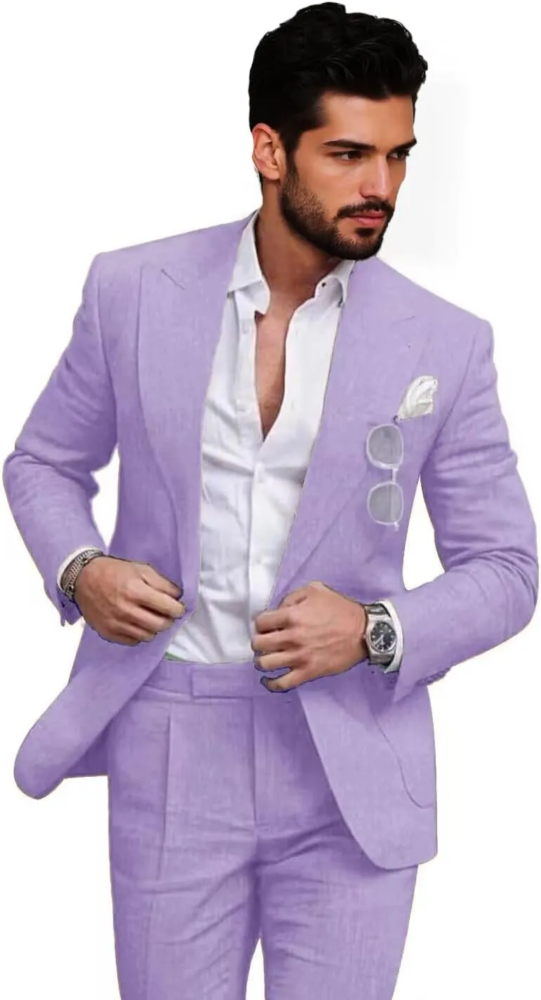 Mens Linen Suits 2 Piece Slim Fit Linen Suit for Men Retro Mens Suits for Beach Wedding Prom Suit Blazer Pants Set
