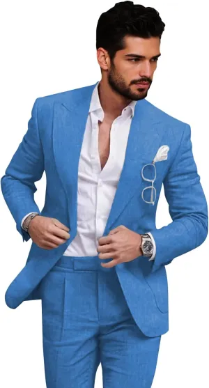 Mens Linen Suits 2 Piece Slim Fit Linen Suit for Men Retro Mens Suits for Beach Wedding Prom Suit Blazer Pants Set