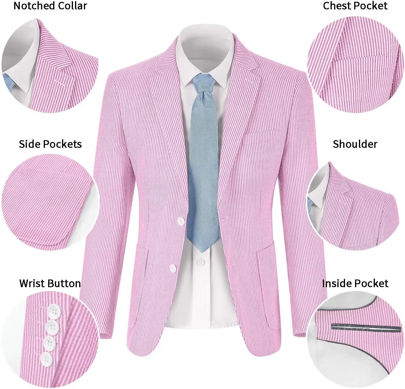 Mens Seersucker Suit Slim Fit Suits for Men Summer Striped Wedding Prom Party Dinner 2 Piece Daily Suit Jacket Blazer Pants