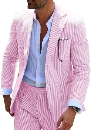 Mens Seersucker Suit Slim Fit Suits for Men Summer Striped Wedding Prom Party Dinner 2 Piece Daily Suit Jacket Blazer Pants