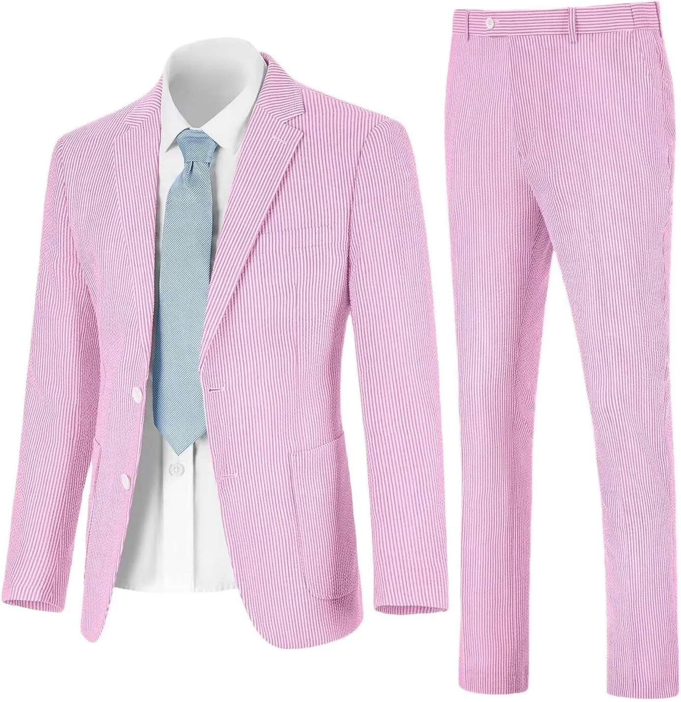 Mens Seersucker Suit Slim Fit Suits for Men Summer Striped Wedding Prom Party Dinner 2 Piece Daily Suit Jacket Blazer Pants