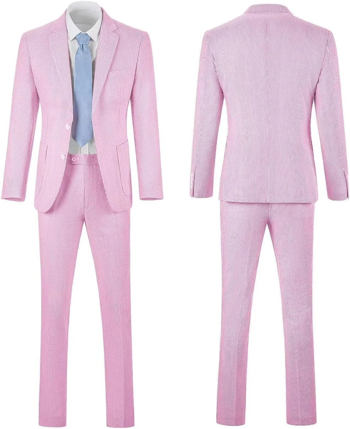 Mens Seersucker Suit Slim Fit Suits for Men Summer Striped Wedding Prom Party Dinner 2 Piece Daily Suit Jacket Blazer Pants