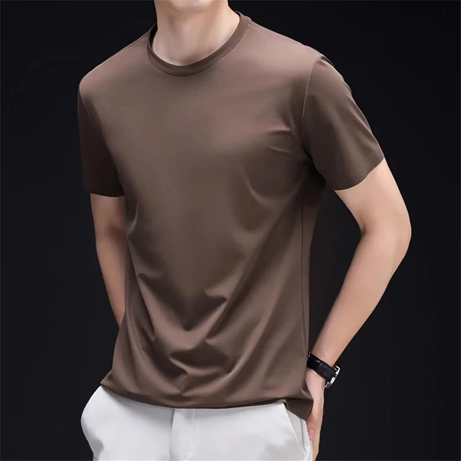 Men's Silk T-Shirt, Thin Round Neck Luxury Summer Solid Color
