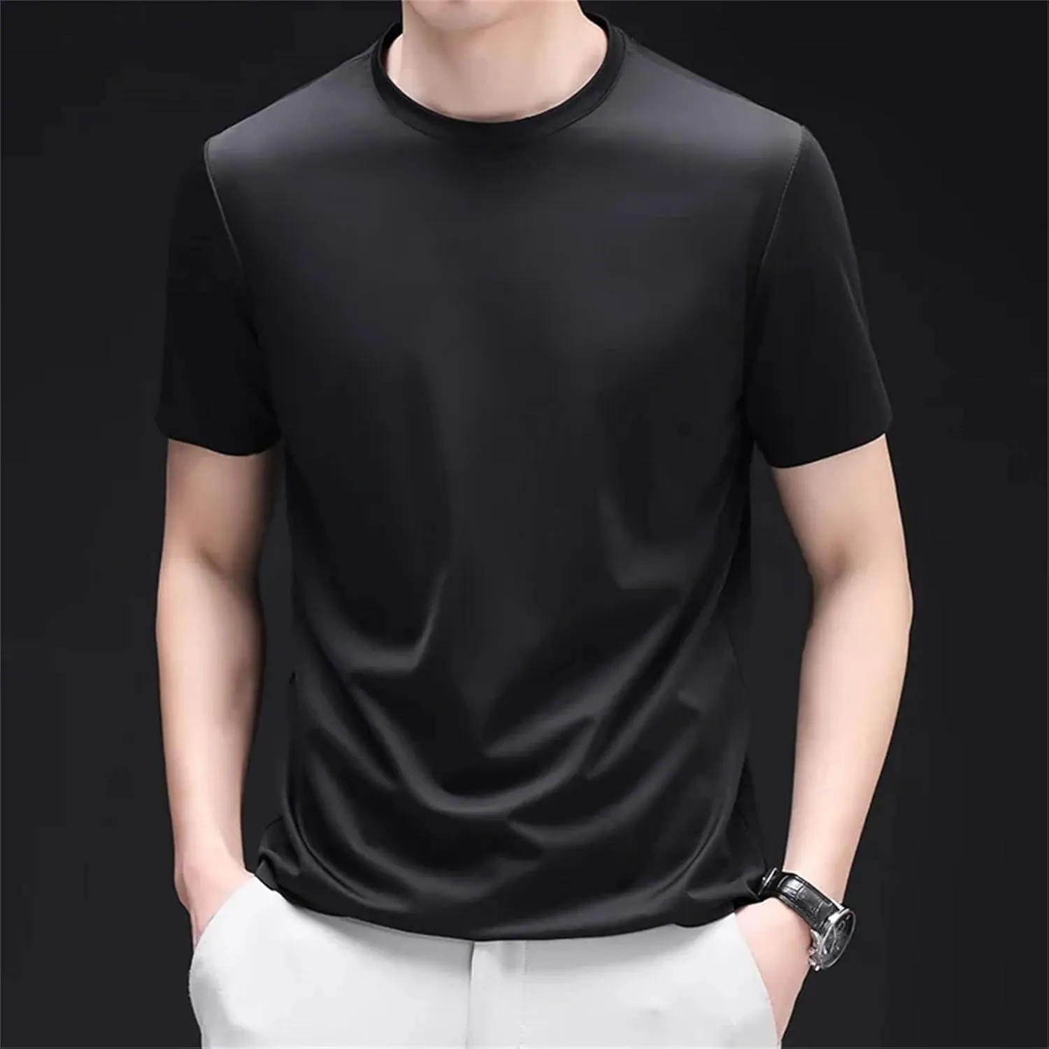 Men's Silk T-Shirt, Thin Round Neck Luxury Summer Solid Color