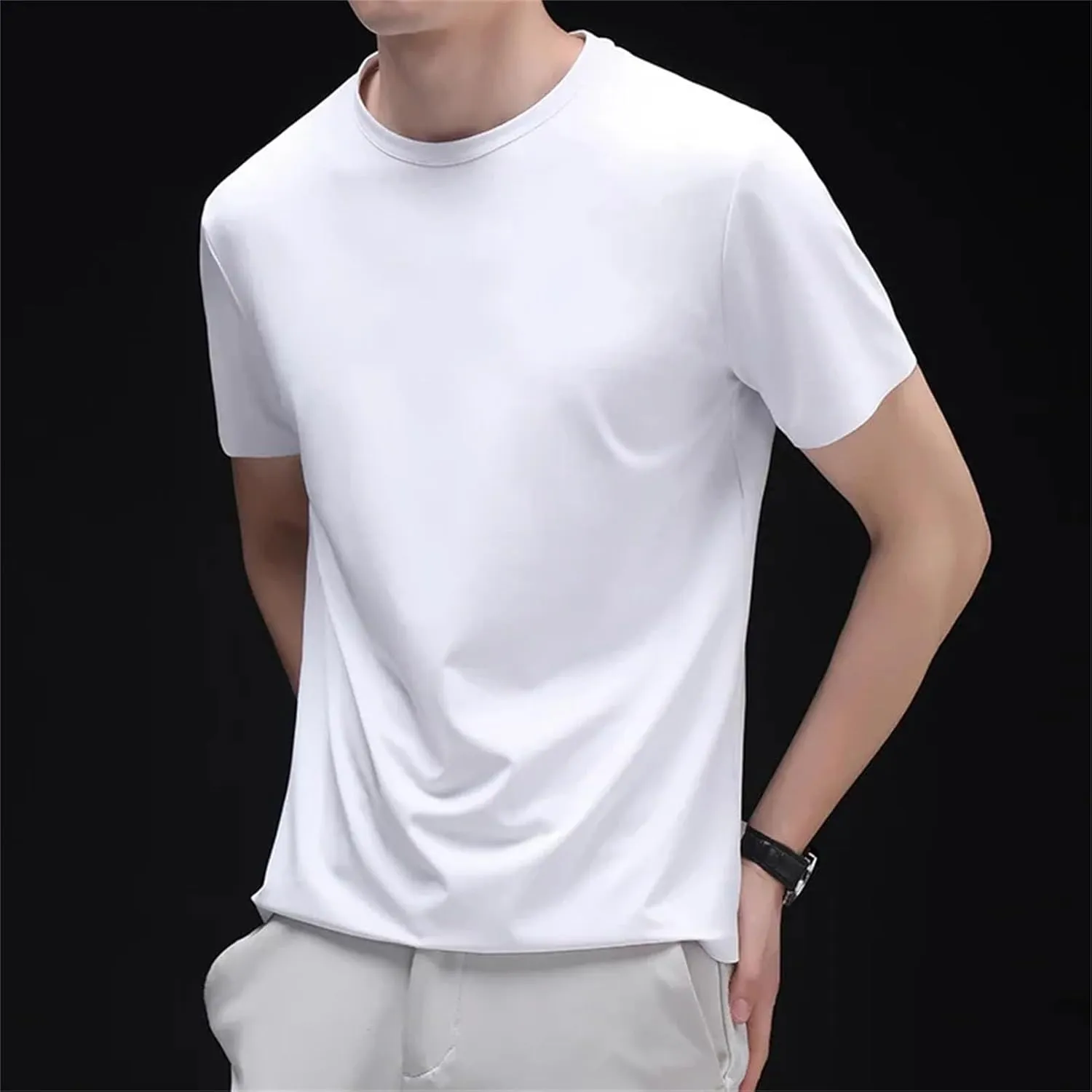 Men's Silk T-Shirt, Thin Round Neck Luxury Summer Solid Color