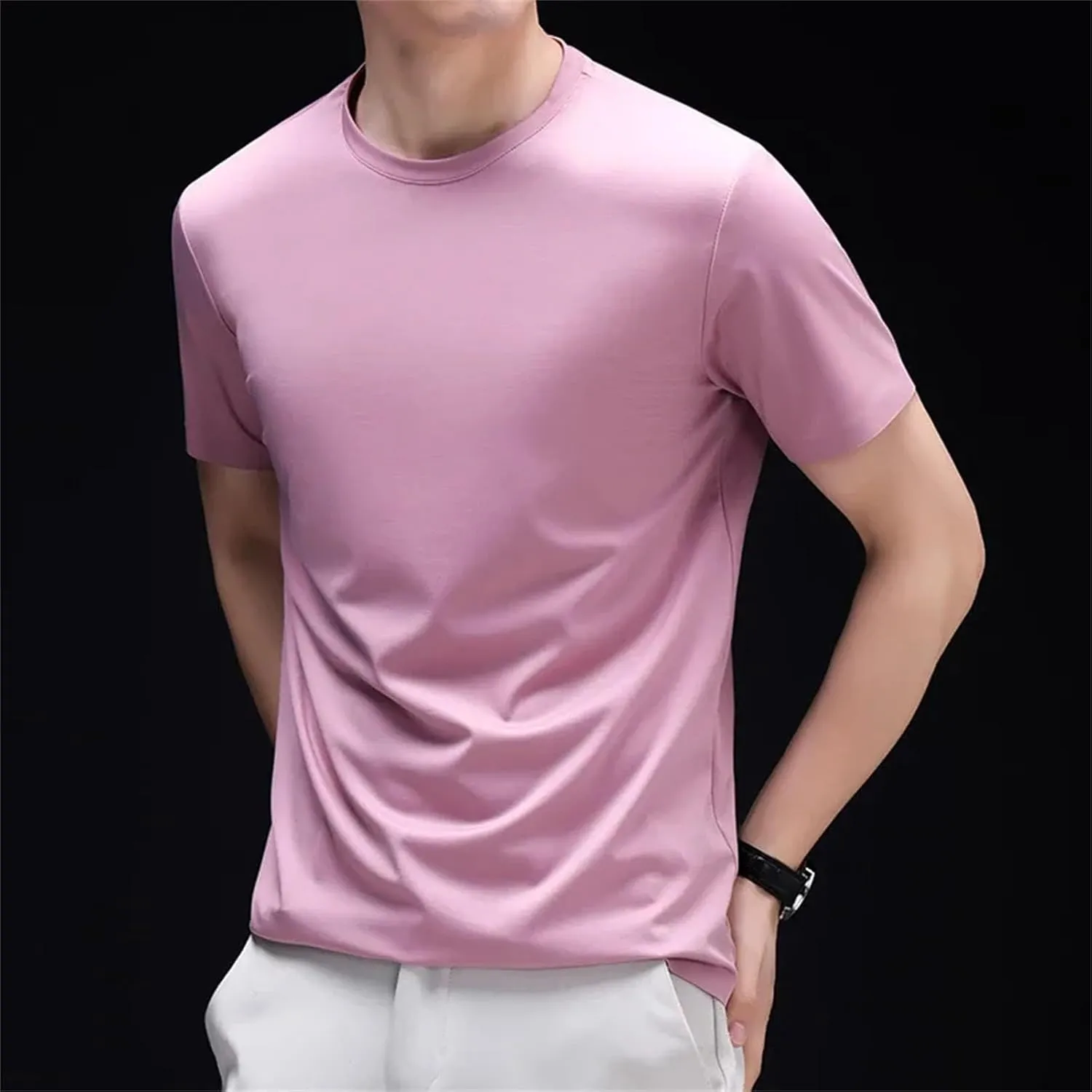Men's Silk T-Shirt, Thin Round Neck Luxury Summer Solid Color