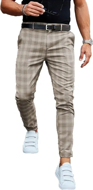 Mens Stretch Slim Fit Plaid Dress Pants with Pockets Checks Pattern Chino Trousers Fashion Casual Elasticity Button Pant (Khaki,X-Large)