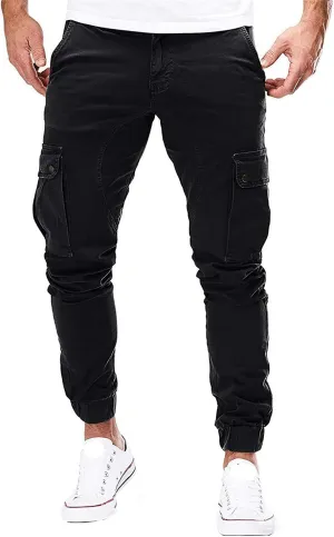 Men's Tapered Hiking Cargo Twill Pants Elastic Waist Trousers Jogger Chino Pant Slim Fit Work Trousers with Athletics Pocket (Black,Large)