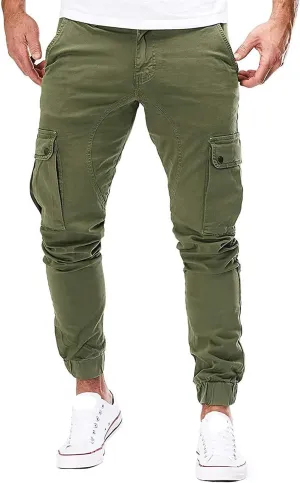 Men's Tapered Hiking Cargo Twill Pants Elastic Waist Trousers Jogger Chino Pant Slim Fit Work Trousers with Athletics Pocket (Green,Large)