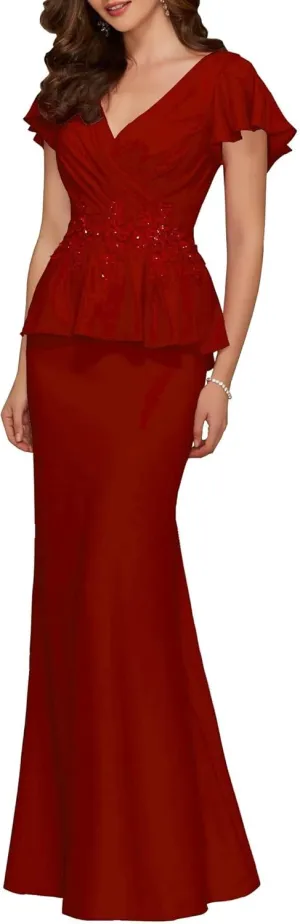 Mermaid Mother of The Bride Dresses Long Chiffon Applique Formal Evening Gowns V Neck Pleated Wedding Guest Dresses