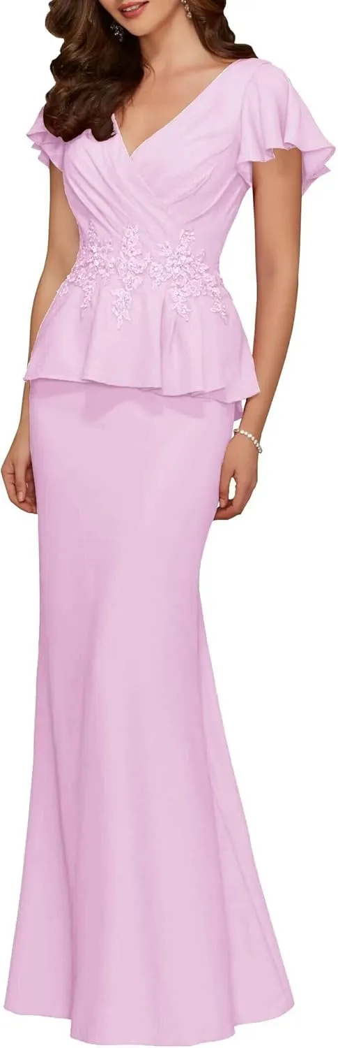 Mermaid Mother of The Bride Dresses Long Chiffon Applique Formal Evening Gowns V Neck Pleated Wedding Guest Dresses