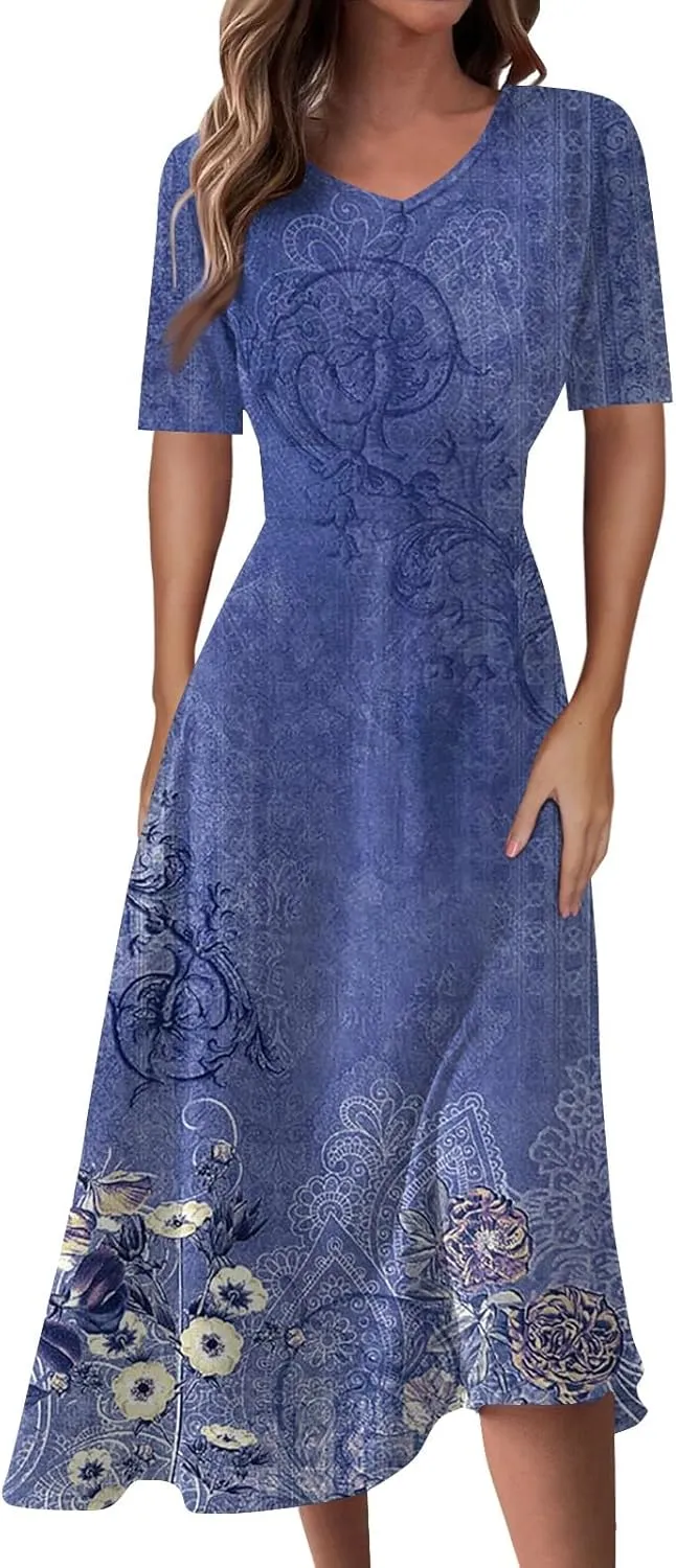 Midi Dresses for Women A-Line Waist V Neck Beach Dress Printing Swing Dress Short Sleeve Comfy Maxi Dresses