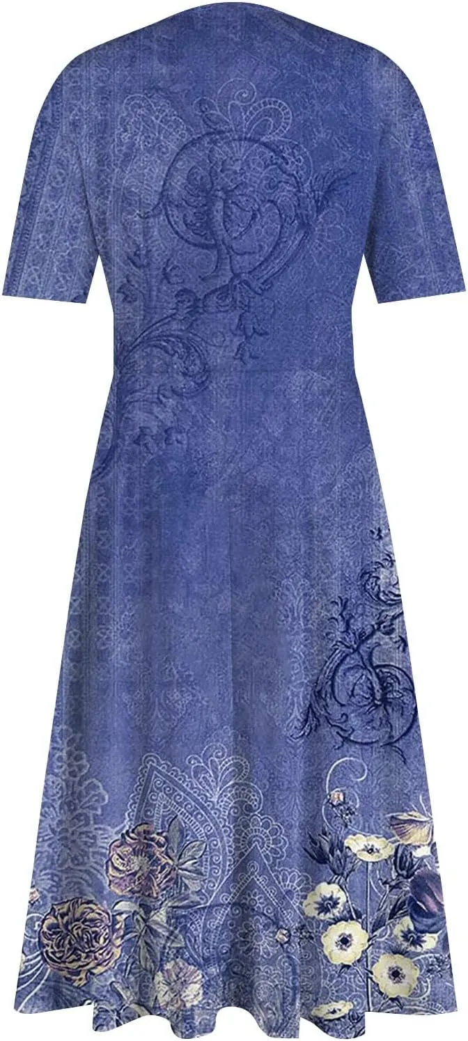 Midi Dresses for Women A-Line Waist V Neck Beach Dress Printing Swing Dress Short Sleeve Comfy Maxi Dresses