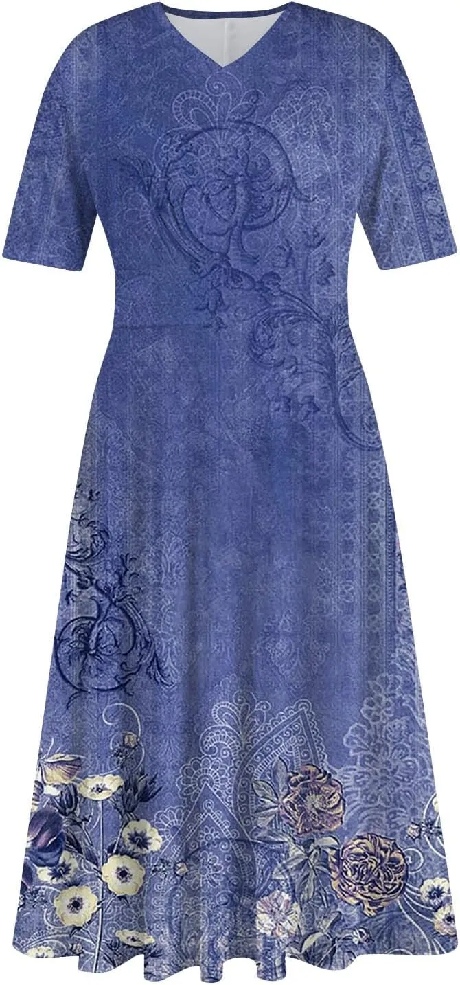 Midi Dresses for Women A-Line Waist V Neck Beach Dress Printing Swing Dress Short Sleeve Comfy Maxi Dresses