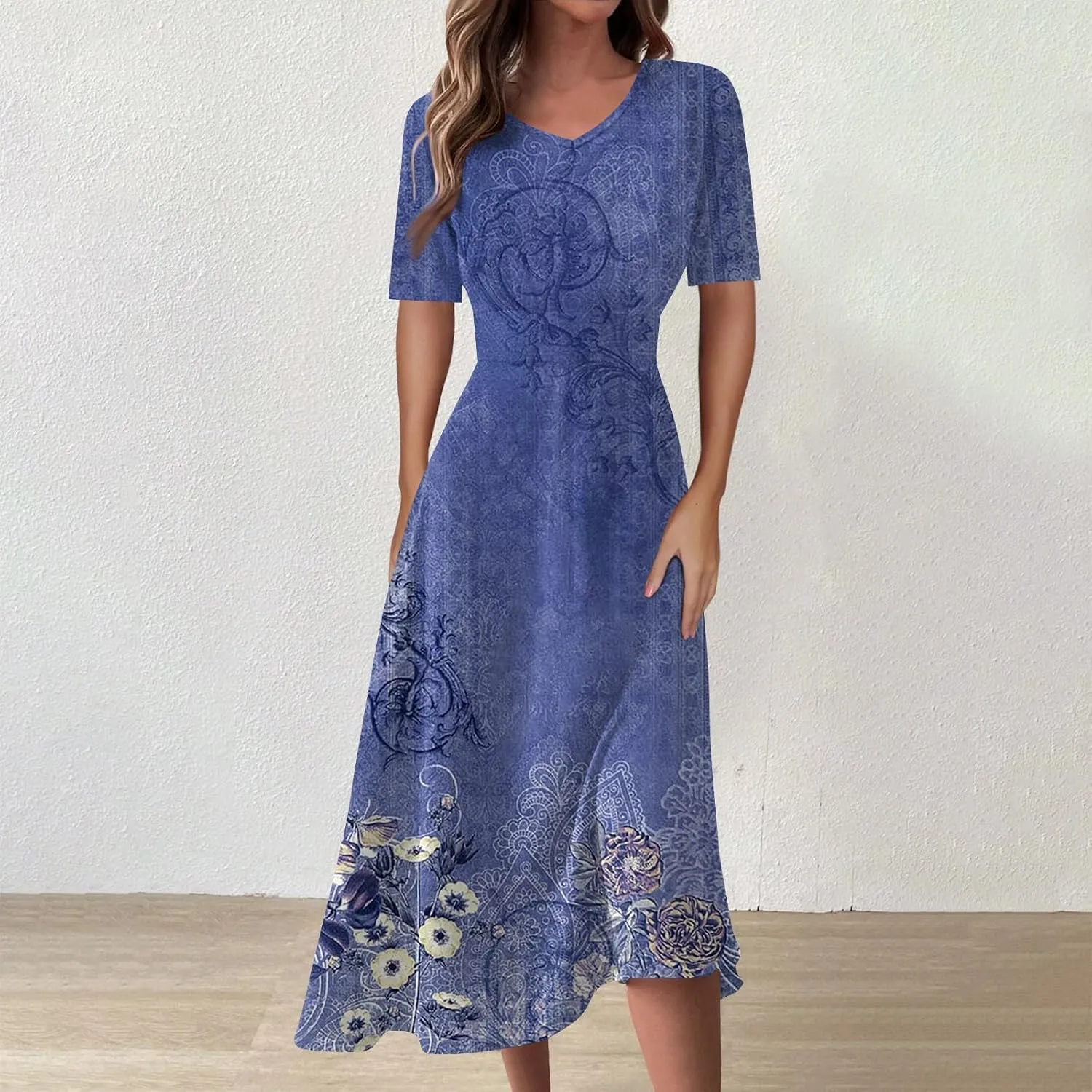 Midi Dresses for Women A-Line Waist V Neck Beach Dress Printing Swing Dress Short Sleeve Comfy Maxi Dresses