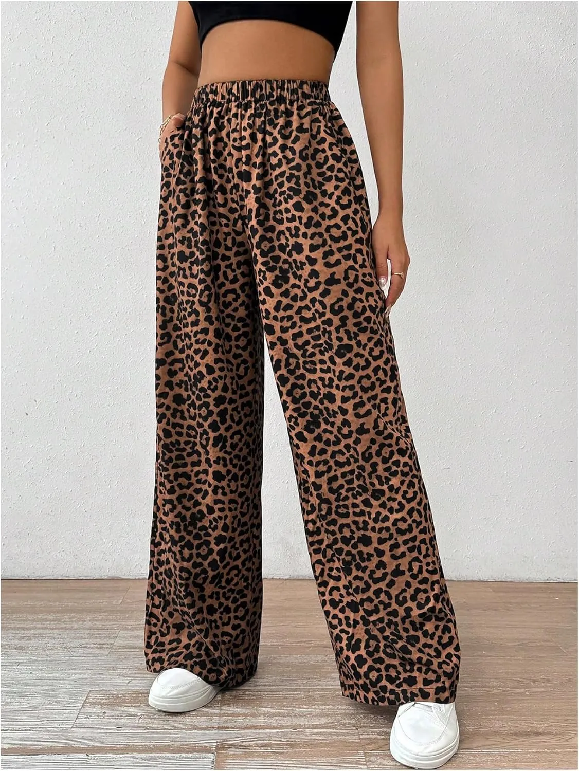 Milumia Women's Leopard Print Wide Leg Pants High Waist Fall Long Trousers