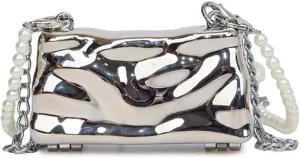 Mini Metal Purse Bag Evening Clutch Purse Square Metal Handbag Pearl Purse Clutch Bag Decorate with Accessories for Women.