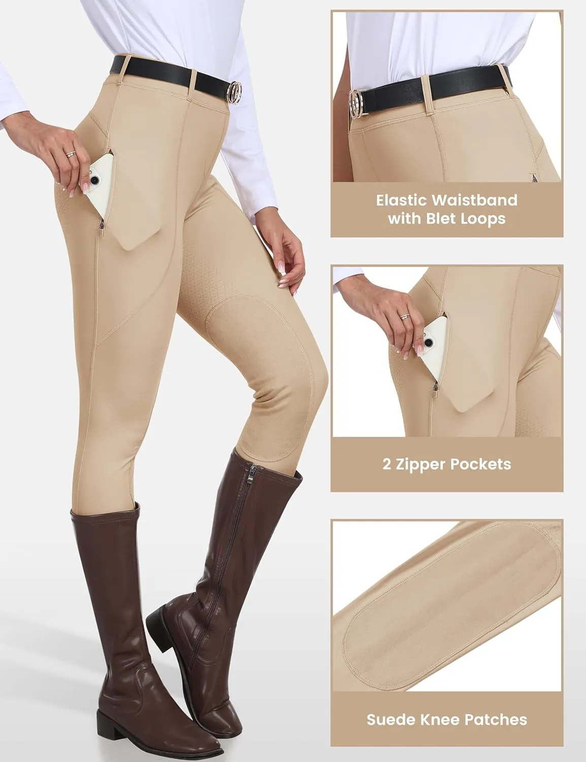 MoFiz Women's Horse Riding Pants Full Seat Silicon Knee-Patch Equestrian Breeches Horseback Schooling Tights Zipper Pockets