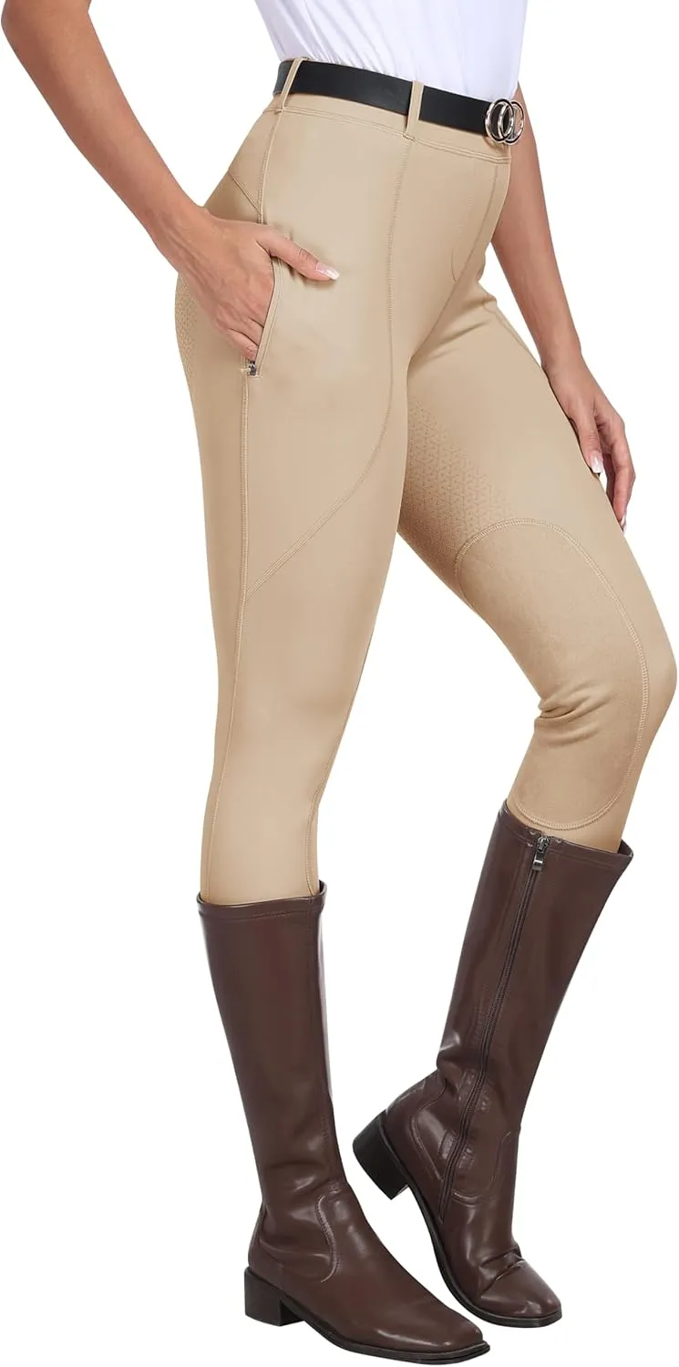 MoFiz Women's Horse Riding Pants Full Seat Silicon Knee-Patch Equestrian Breeches Horseback Schooling Tights Zipper Pockets