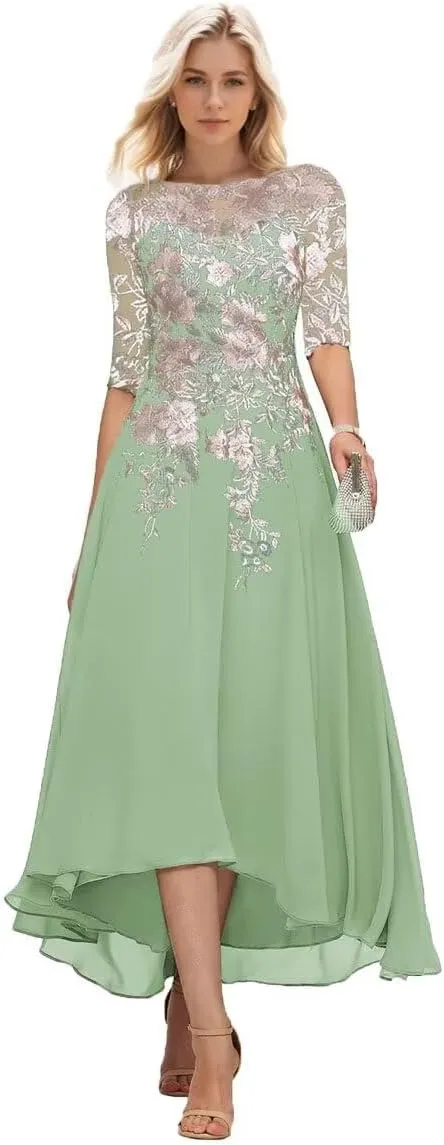 Mother of The Bride Dresses for Wedding Embroidery Tea Length Formal Wedding Guest Dress with Sleeves